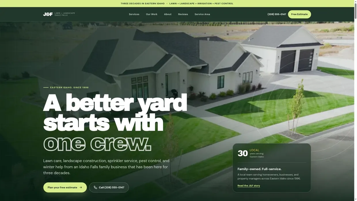 The J&F Lawn and Landscape homepage, service area listed near the top